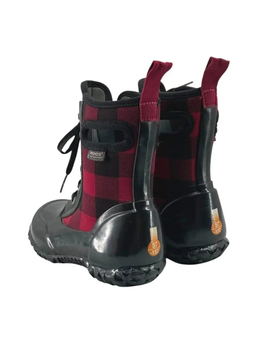 Bogs Sidney Kids Buffalo Plaid Waterproof Boots 10 Rain Rubber Black Red Lace Up